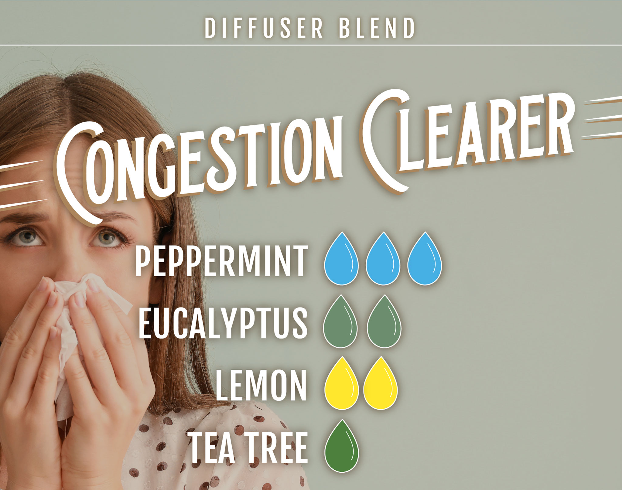 Congestion Clearer Essential Oil (EO) Diffuser Blend: 3 drops peppermint EO, 2 drops eucalyptus EO, 2 drops lemon EO, 1 drop tea tree EO