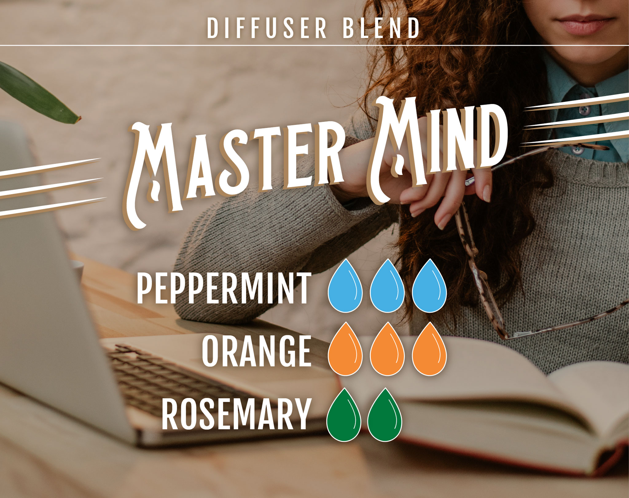 Master Mind Essential Oil (EO) Diffuser Blend: 3 drops Peppermint EO, 3 drops Orange EO, 2 drops Rosemary