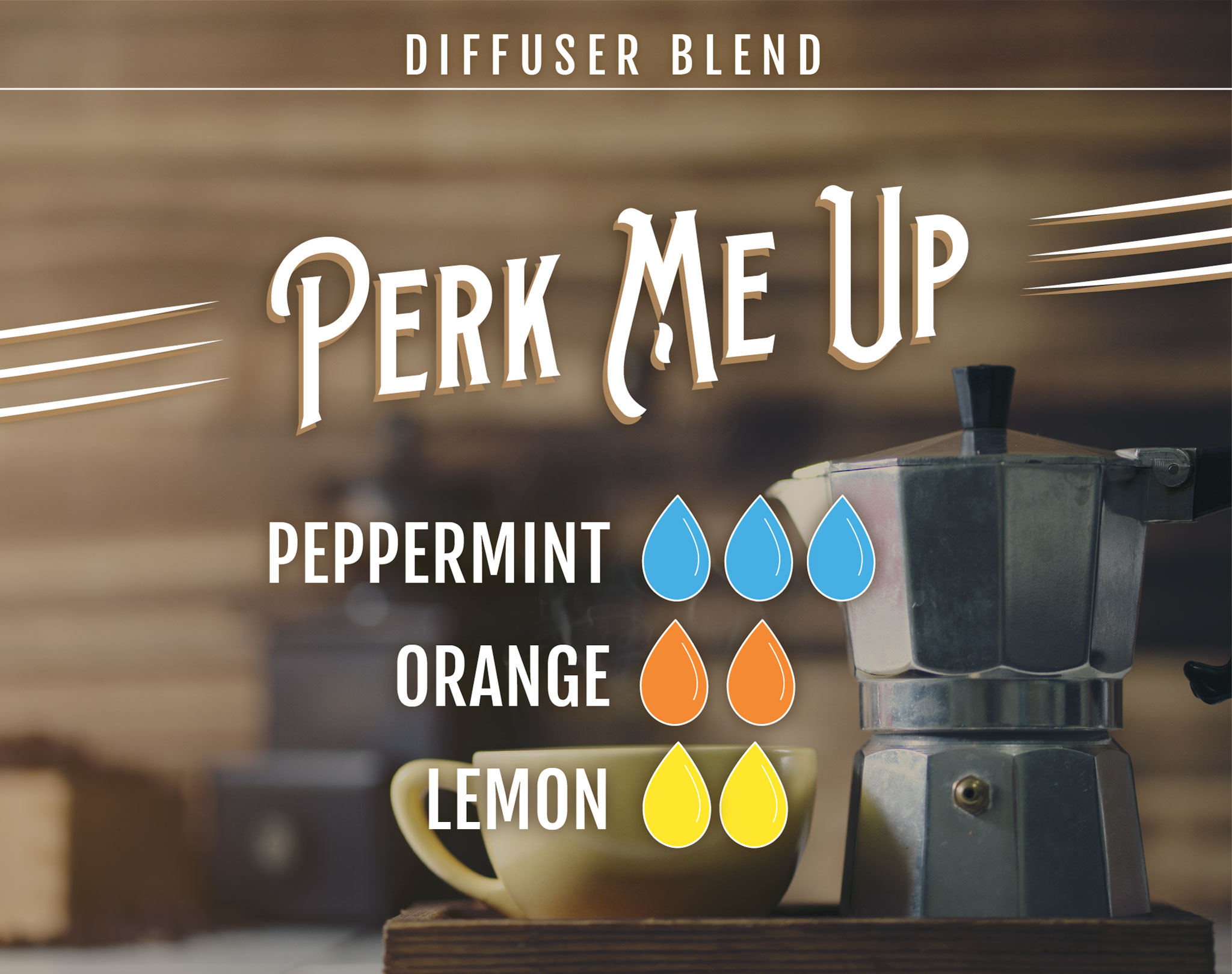 Perk Me Up Essential Oil (EO) Diffuser Blend: 3 drops Peppermint EO, 2 drops Orange EO, 2 drops Lemon EO