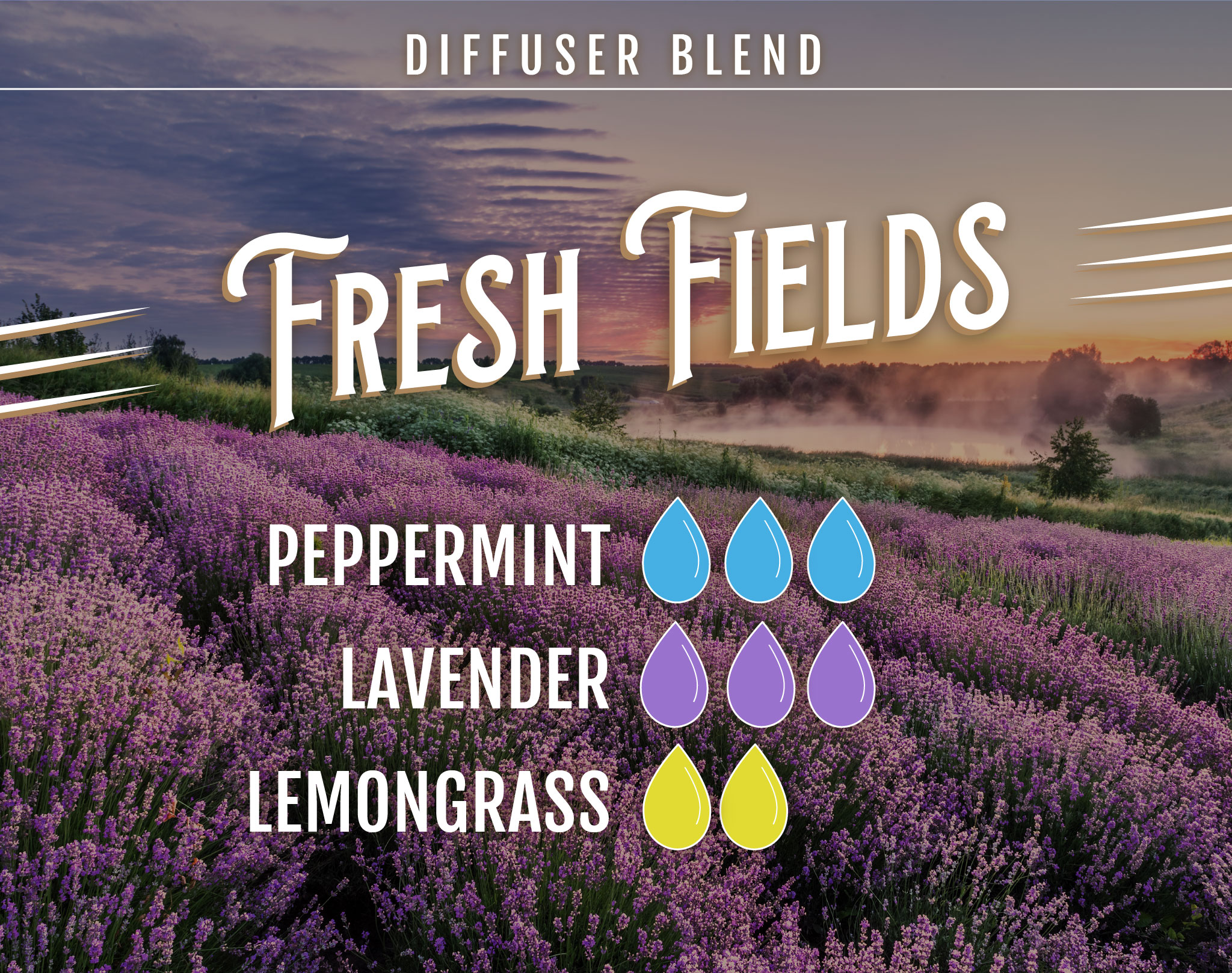 Fresh Fields Essential Oil (EO)Diffuser Blend - 3 Drops Peppermint EO, 3 Drops Lavender EO, 2 Drops Lemongrass EO