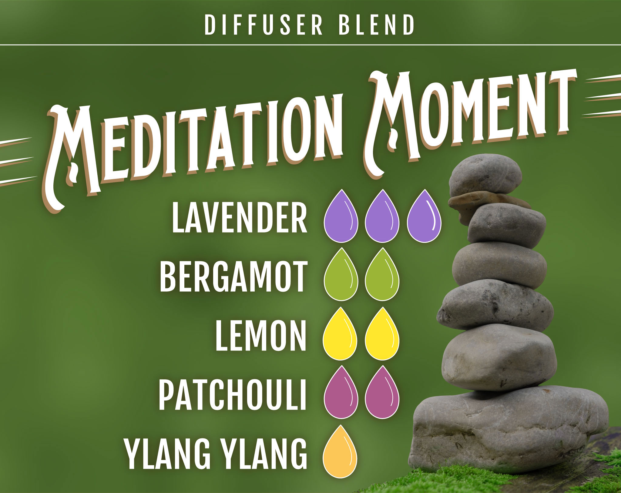 Lavender Essential Oil Diffuser Blend - Meditation Moment - 3 drops Lavender, 2 drops Bergamot, 2 drops Lemon, 2 drops Patchchouli, 1 drop Ylang Ylang