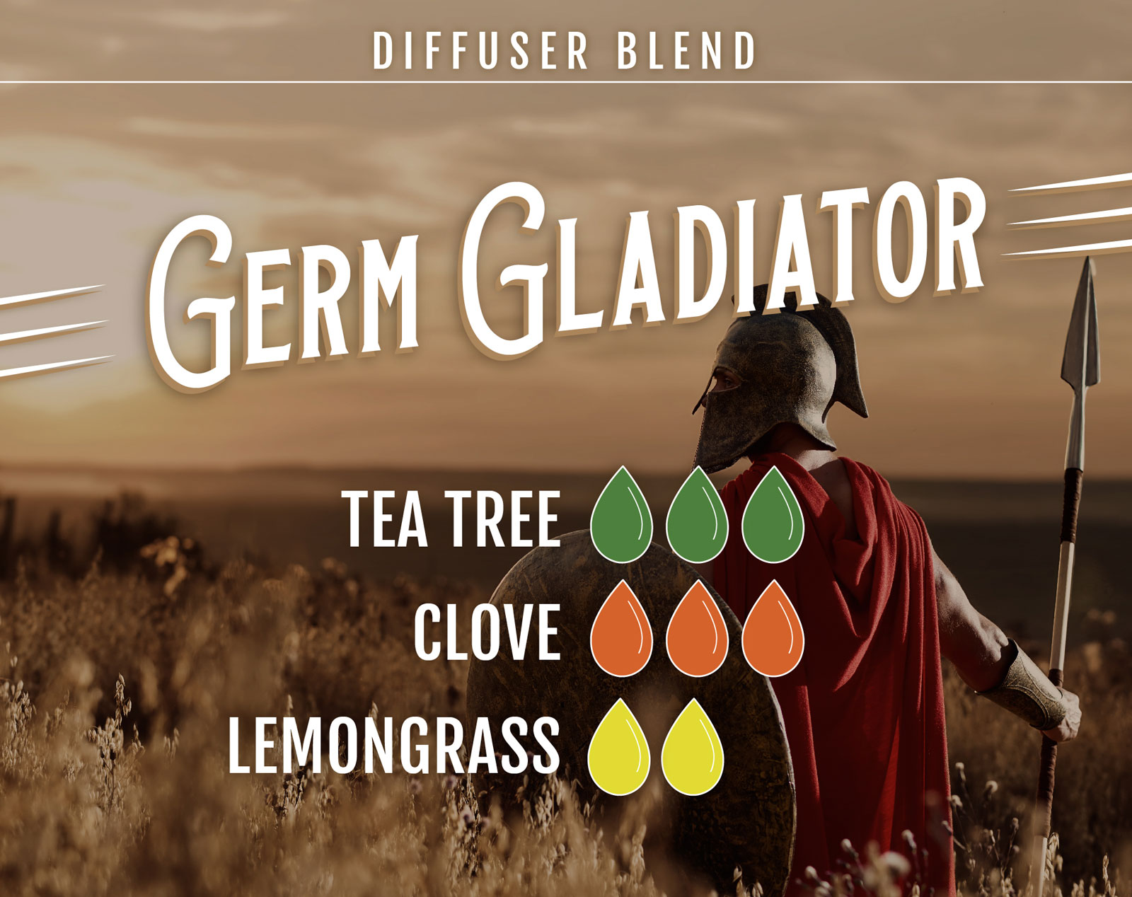 Tea Tree Essential Oil Diffuser Blend Germ Gladiator - 3 drops Tea Tree 3 drops Clove 2 drops Lemongrass