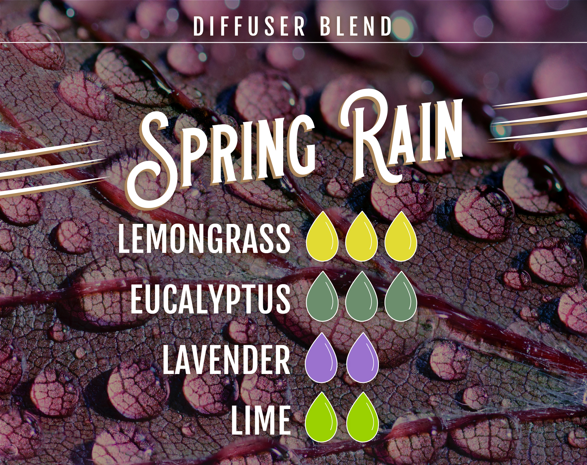 Spring Rain Diffuser Blend - 3 Drops of Lemongrass EO, 3 Drops of Eucalyptus EO, 2 Drops of Lavender, 2 Drops of Lime EO